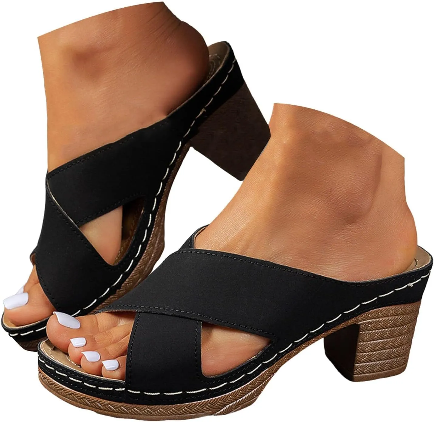 Orthopedic Wedge Sandals for Women Summer Chunky Heel Sandals Slip on Open Toe Square Toe Heeled Sandals Mules