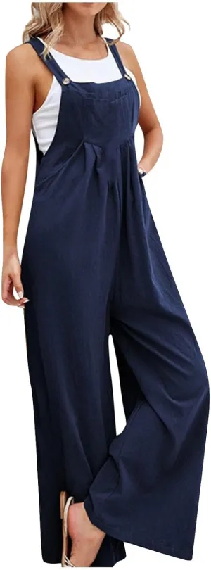 Overalls for Women Linen Sleeveless One Piece Jumpsuits Straps Pleated Bib Overalls Loose Fit Wide Leg Jumpsuits