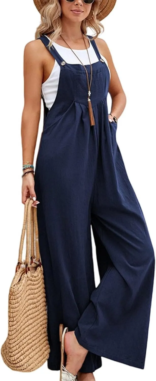 Overalls for Women Linen Sleeveless One Piece Jumpsuits Straps Pleated Bib Overalls Loose Fit Wide Leg Jumpsuits