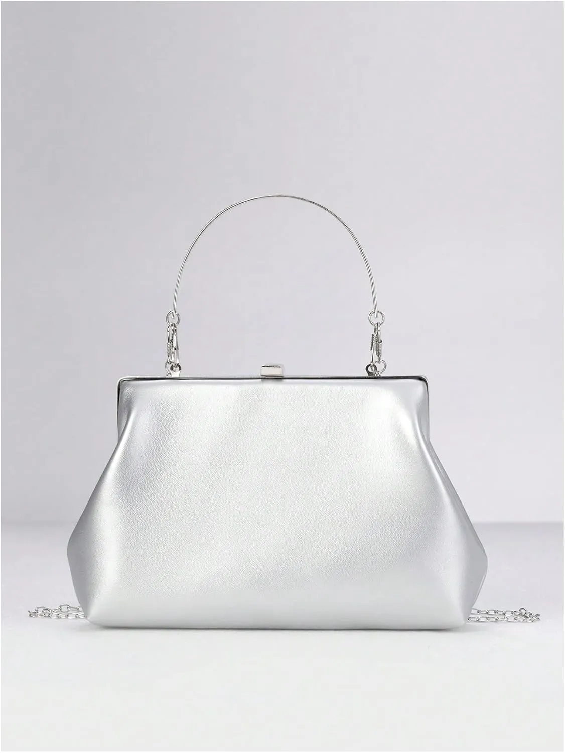 OYOANGLE Women's Kiss Lock Top Handle Solid Evening Bag Chain Shoulder Strap Glamorous Clutch Purses