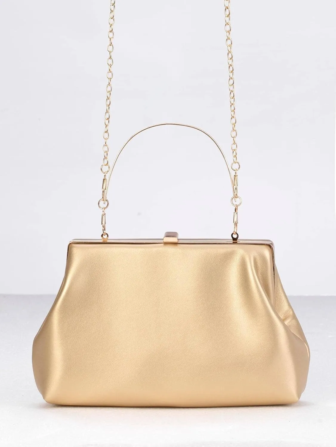OYOANGLE Women's Kiss Lock Top Handle Solid Evening Bag Chain Shoulder Strap Glamorous Clutch Purses