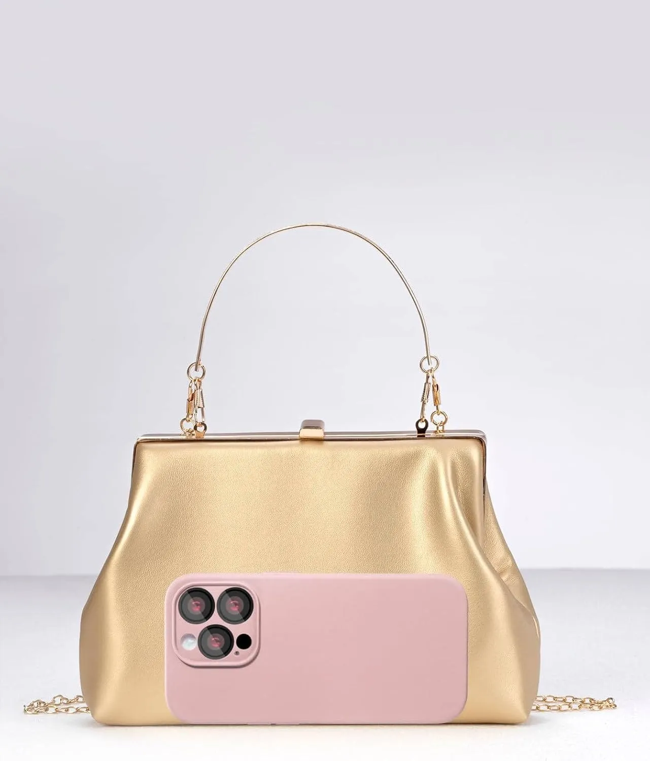 OYOANGLE Women's Kiss Lock Top Handle Solid Evening Bag Chain Shoulder Strap Glamorous Clutch Purses