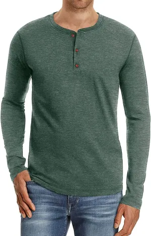 PEGENO Men's Fashion Casual Front Placket Long Sleeve Henley T-Shirts Cotton Shirts
