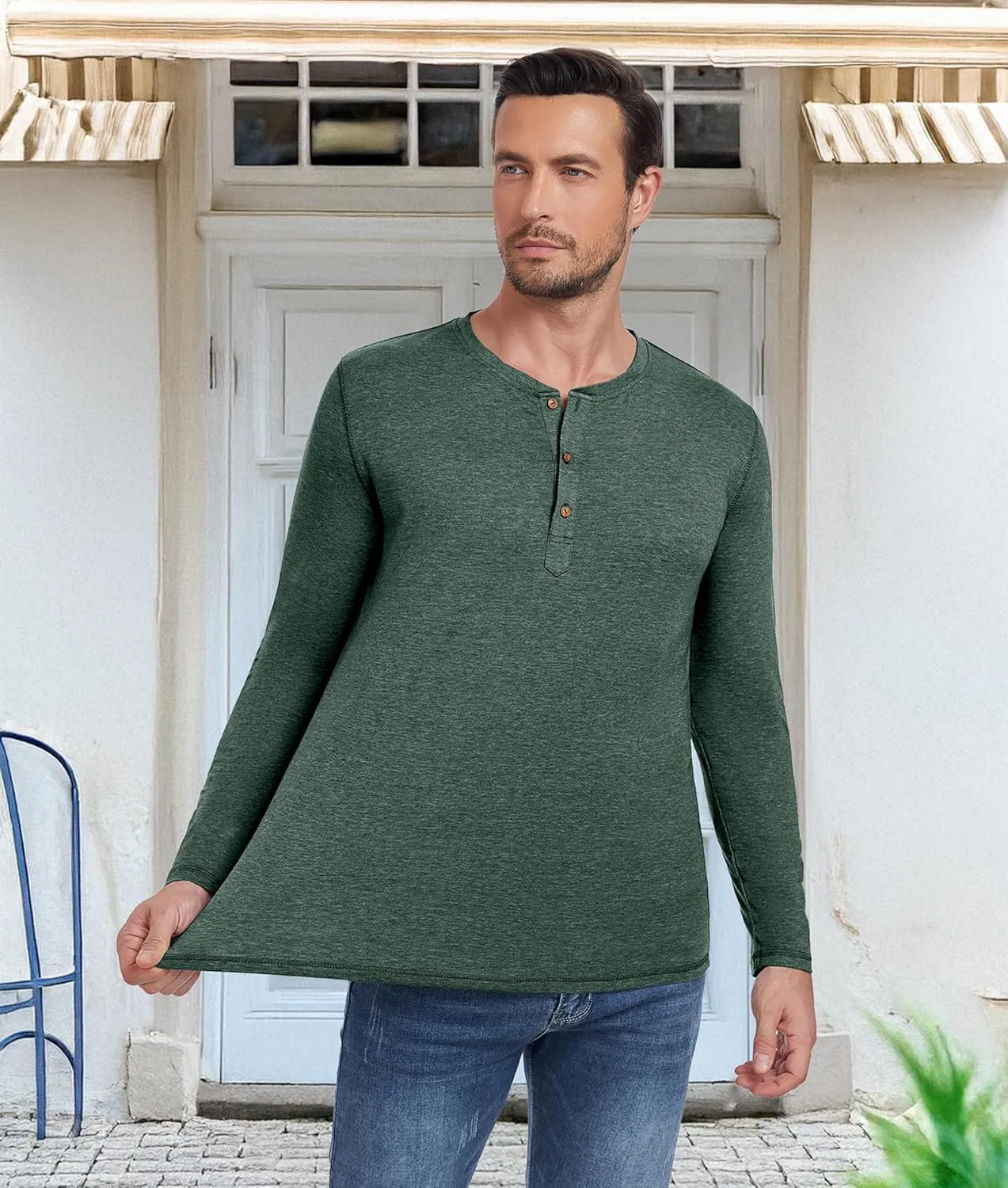 PEGENO Men's Fashion Casual Front Placket Long Sleeve Henley T-Shirts Cotton Shirts