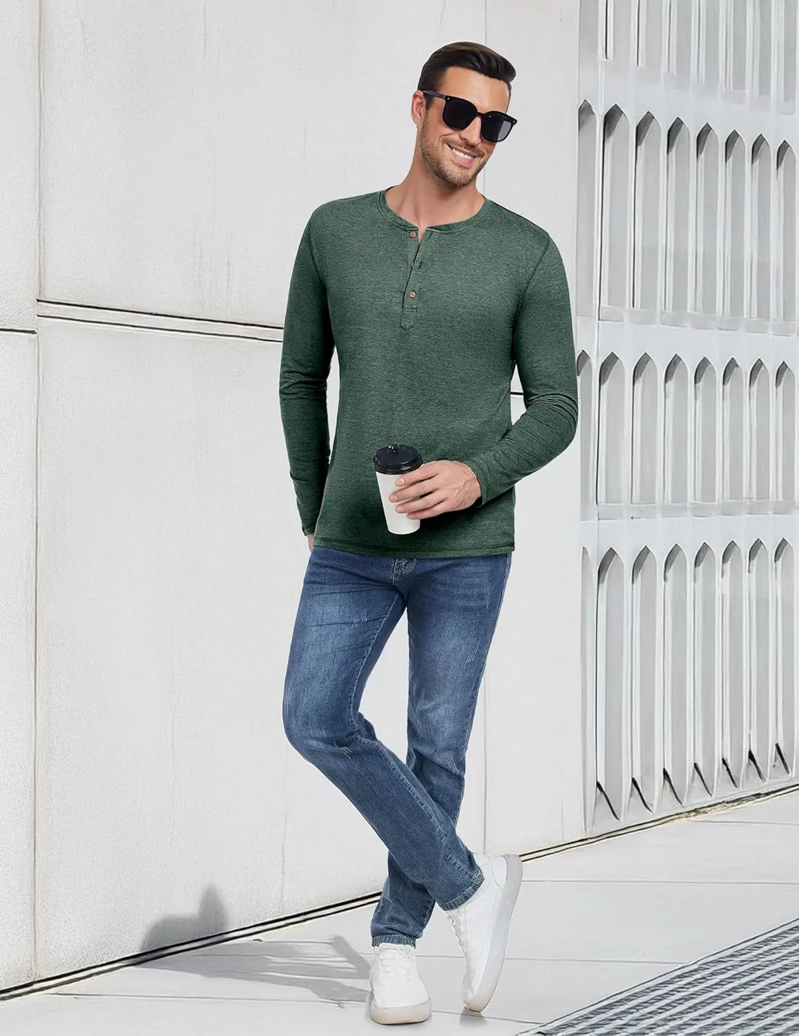PEGENO Men's Fashion Casual Front Placket Long Sleeve Henley T-Shirts Cotton Shirts
