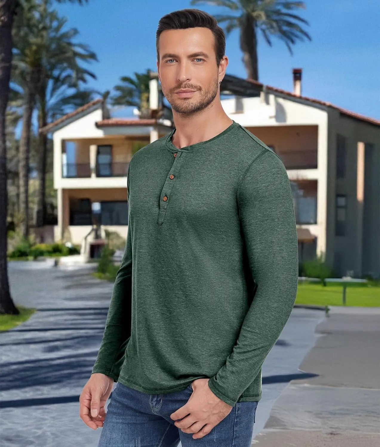 PEGENO Men's Fashion Casual Front Placket Long Sleeve Henley T-Shirts Cotton Shirts