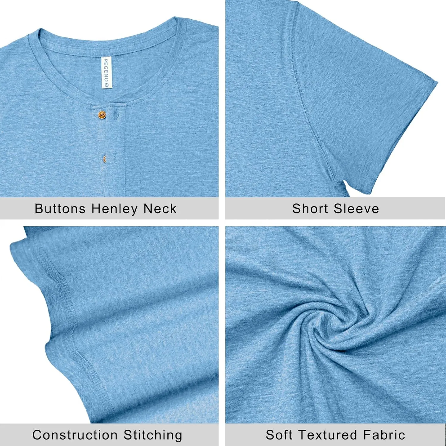 PEGENO Men's Fashion Casual Front Placket Short Sleeve Henley T-Shirts Cotton Shirts