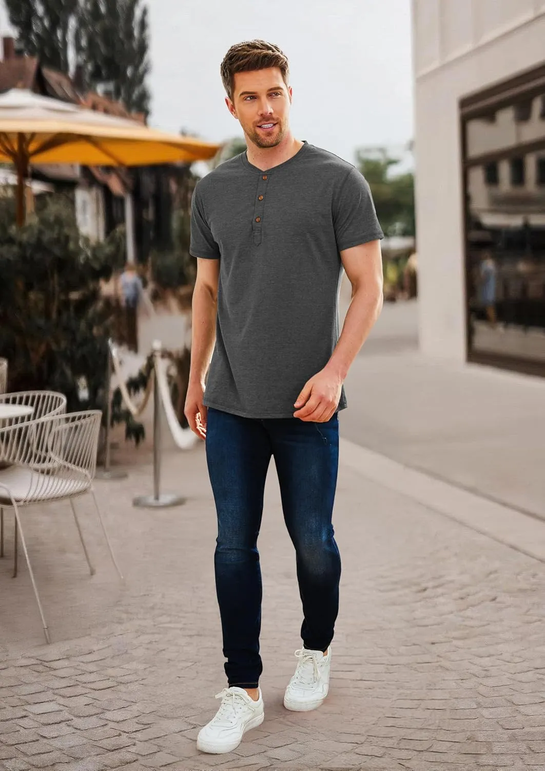 PEGENO Men's Fashion Casual Front Placket Short Sleeve Henley T-Shirts Cotton Shirts