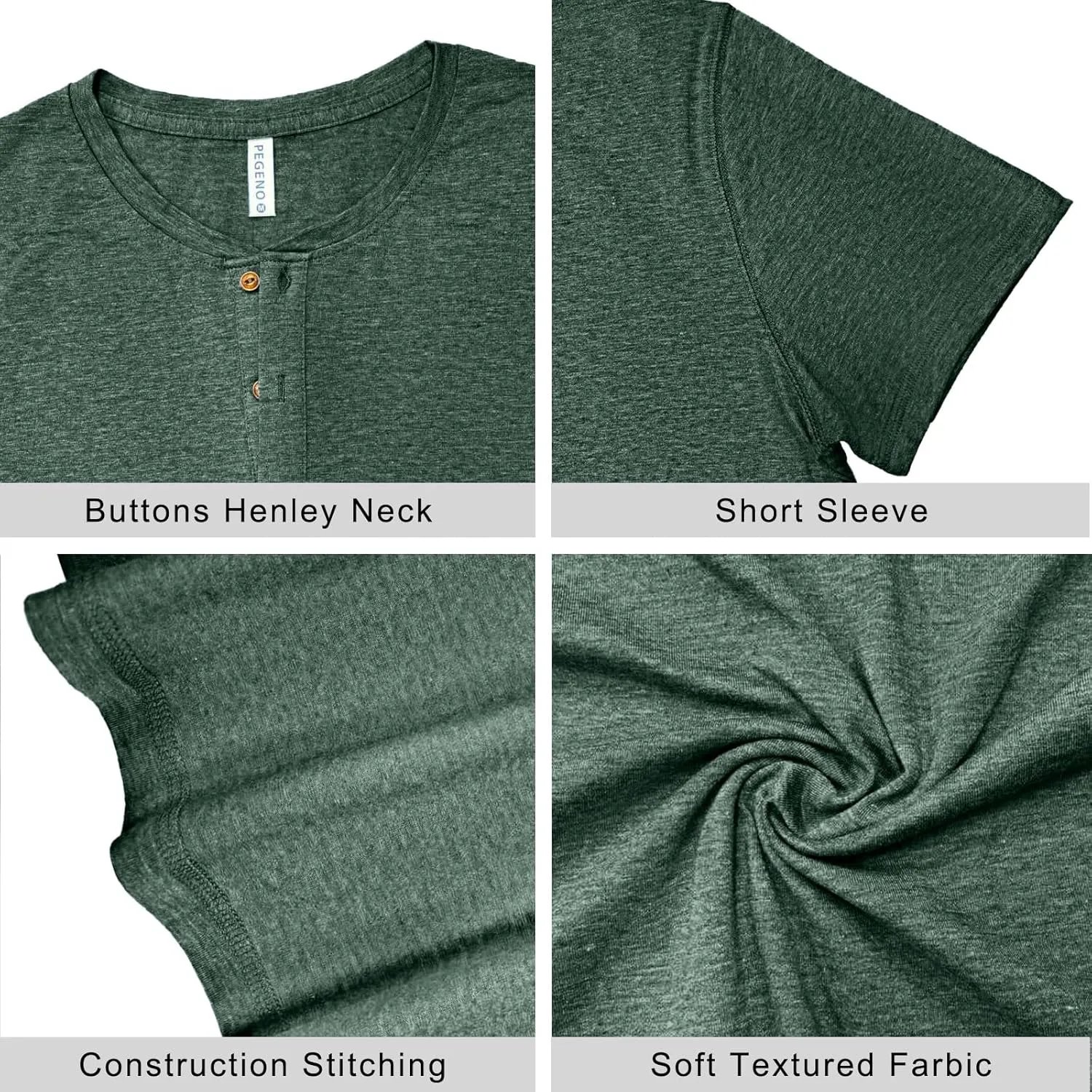PEGENO Men's Fashion Casual Front Placket Short Sleeve Henley T-Shirts Cotton Shirts