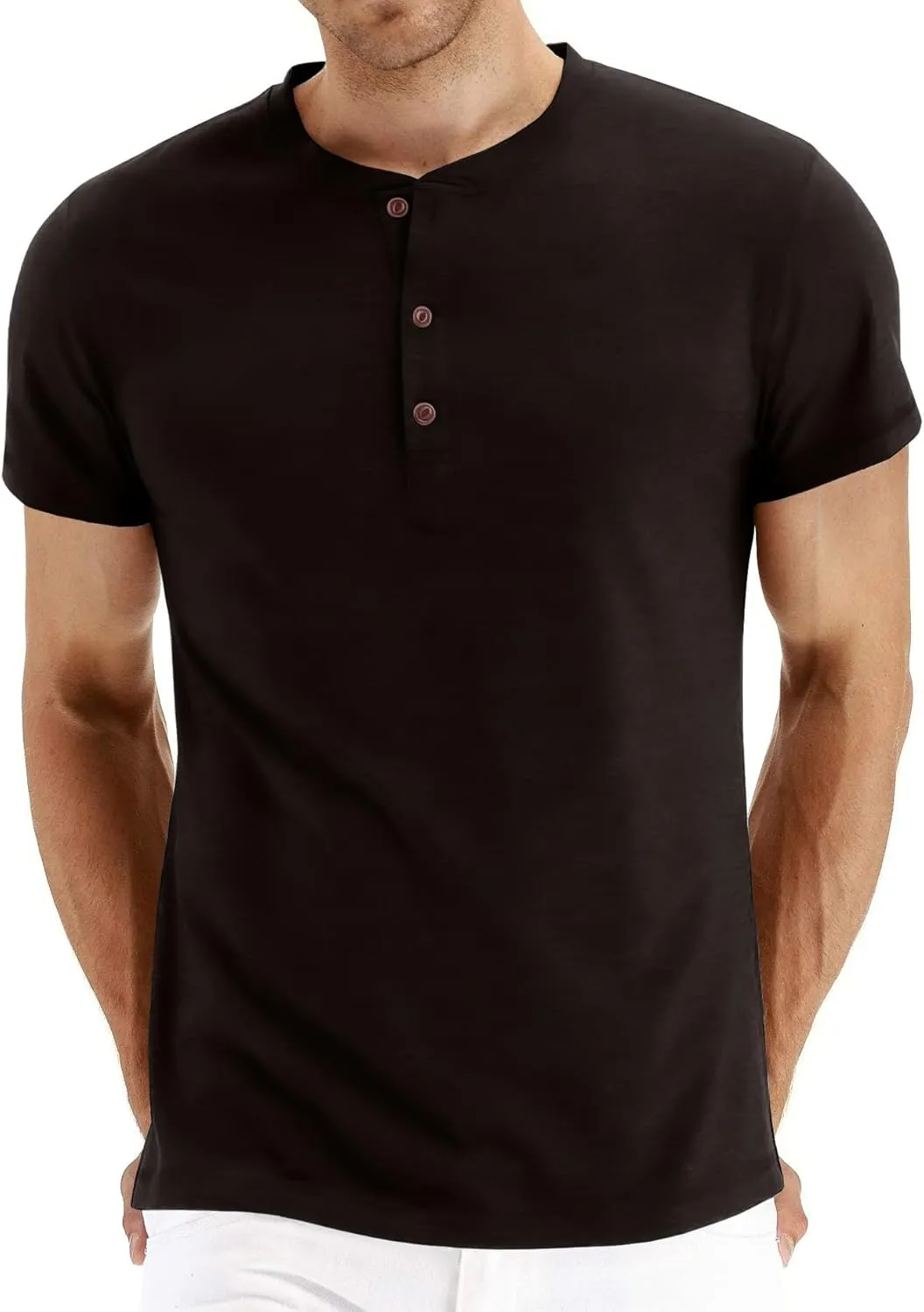 PEGENO Men's Fashion Casual Front Placket Short Sleeve Henley T-Shirts Cotton Shirts