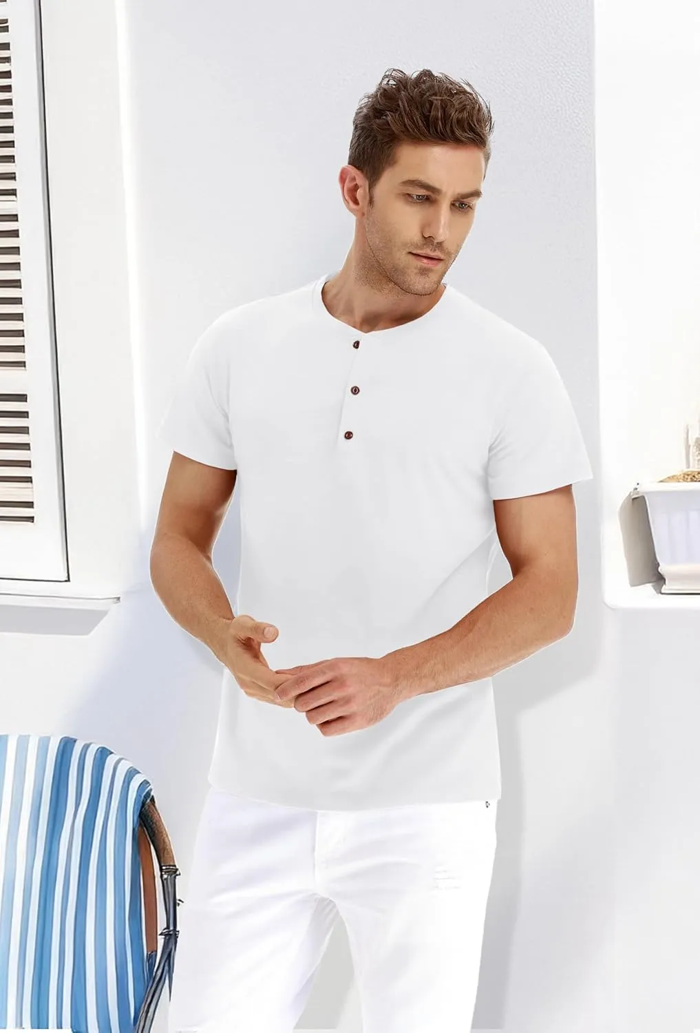 PEGENO Men's Fashion Casual Front Placket Short Sleeve Henley T-Shirts Cotton Shirts