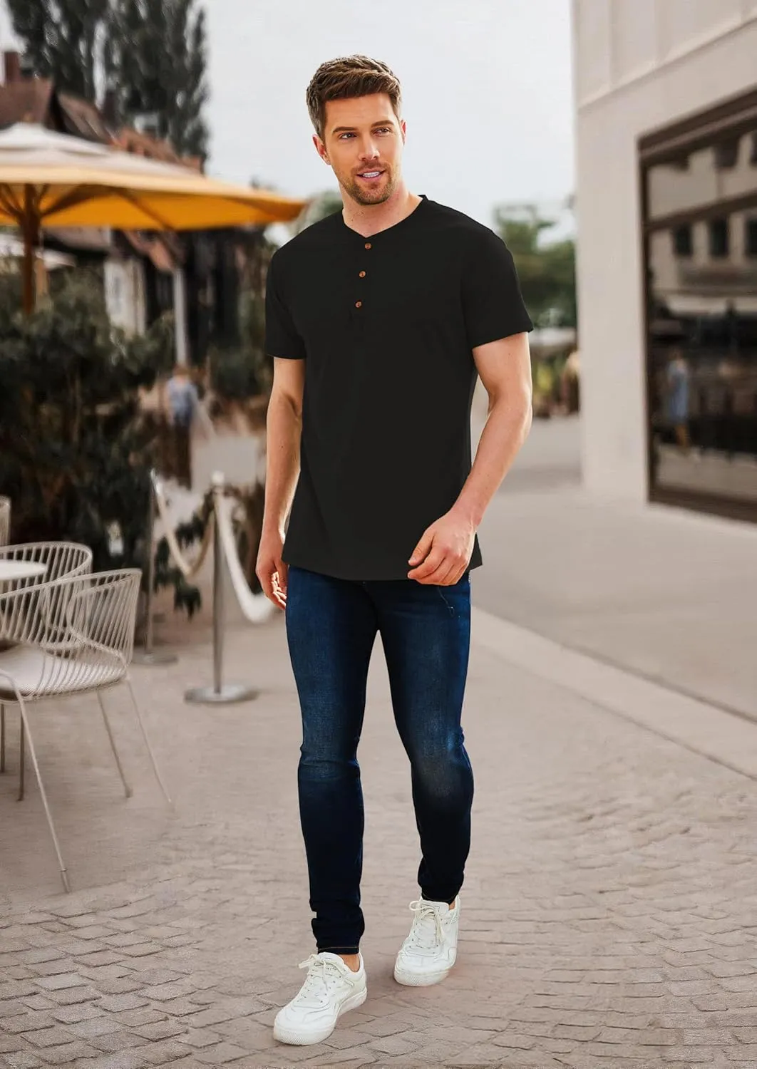 PEGENO Men's Fashion Casual Front Placket Short Sleeve Henley T-Shirts Cotton Shirts