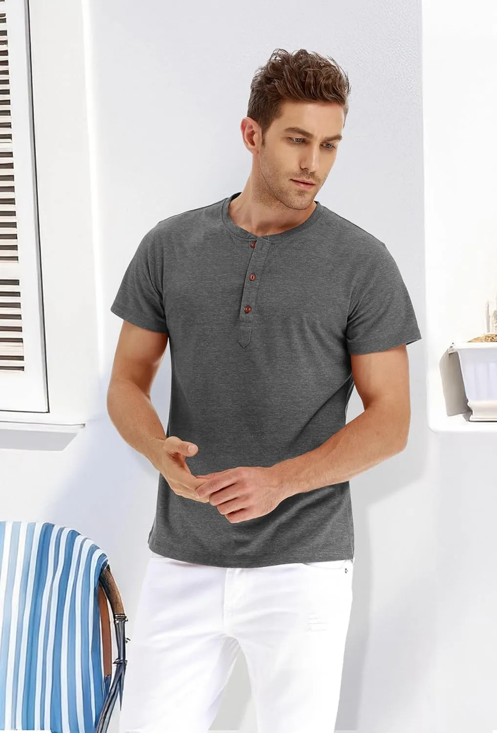 PEGENO Men's Fashion Casual Front Placket Short Sleeve Henley T-Shirts Cotton Shirts