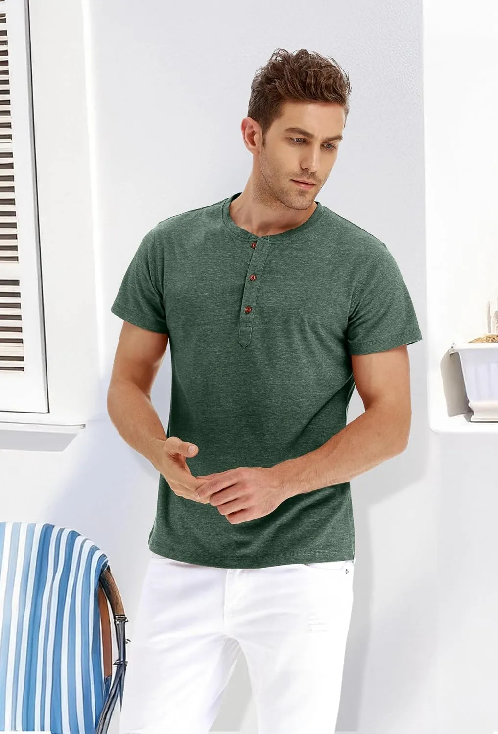 PEGENO Men's Fashion Casual Front Placket Short Sleeve Henley T-Shirts Cotton Shirts