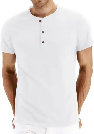 PEGENO Men's Fashion Casual Front Placket Short Sleeve Henley T-Shirts Cotton Shirts