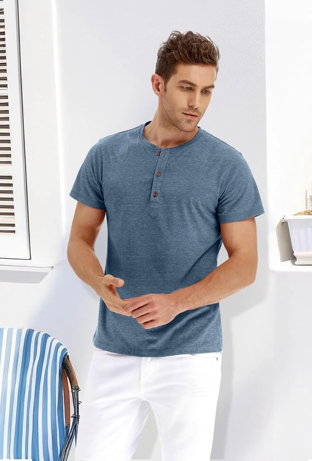 PEGENO Men's Fashion Casual Front Placket Short Sleeve Henley T-Shirts Cotton Shirts