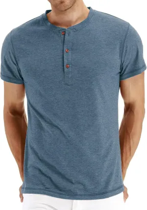 PEGENO Men's Fashion Casual Front Placket Short Sleeve Henley T-Shirts Cotton Shirts