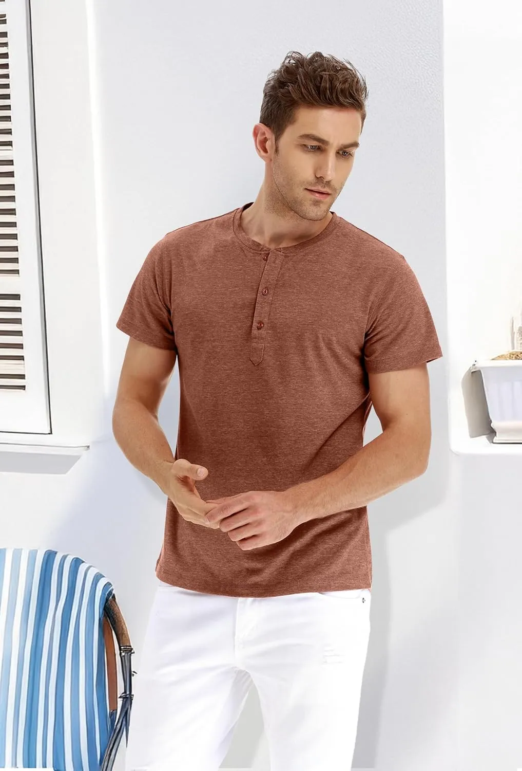 PEGENO Men's Fashion Casual Front Placket Short Sleeve Henley T-Shirts Cotton Shirts