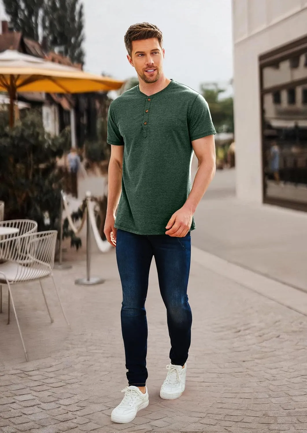 PEGENO Men's Fashion Casual Front Placket Short Sleeve Henley T-Shirts Cotton Shirts