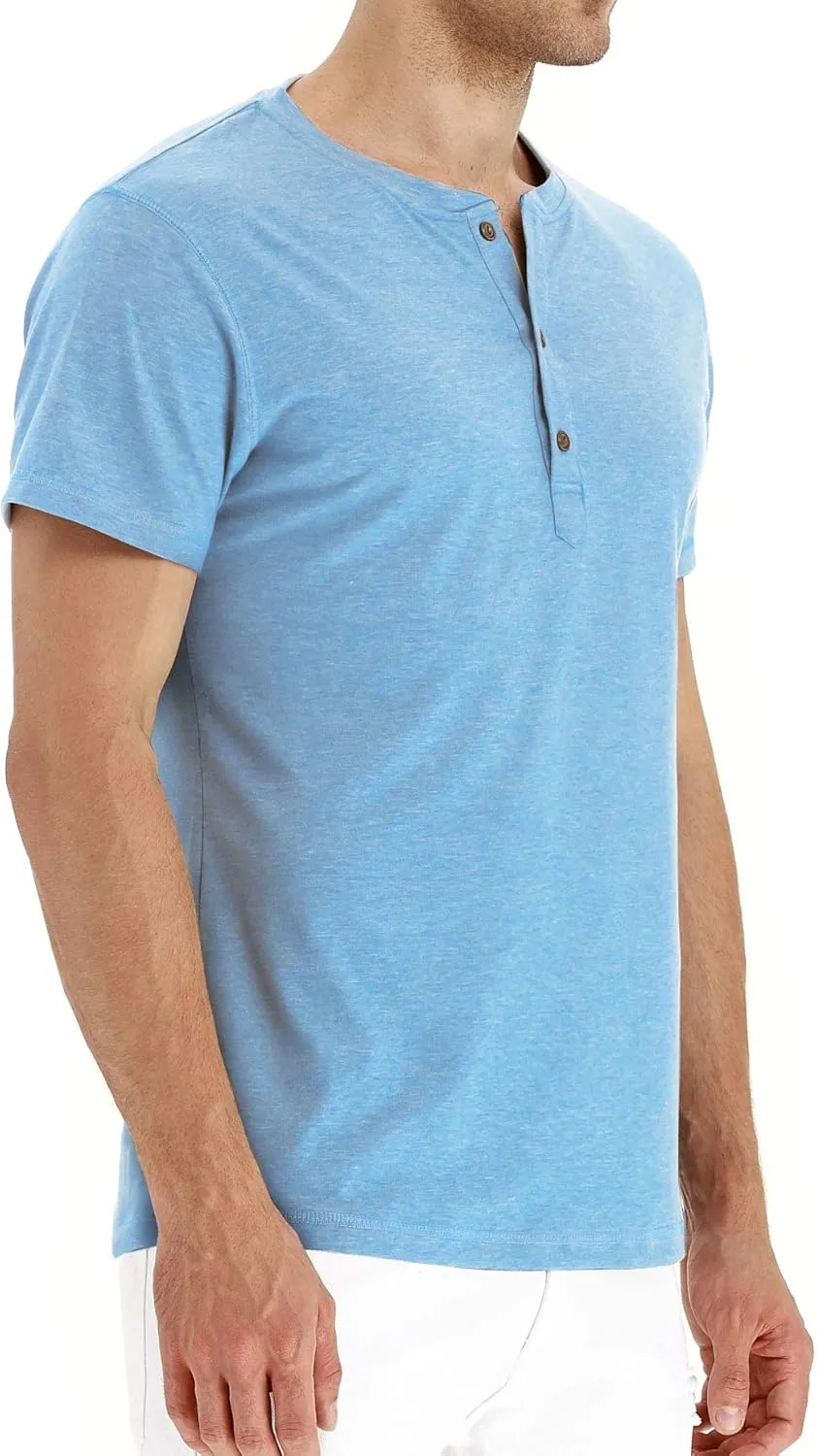 PEGENO Men's Fashion Casual Front Placket Short Sleeve Henley T-Shirts Cotton Shirts