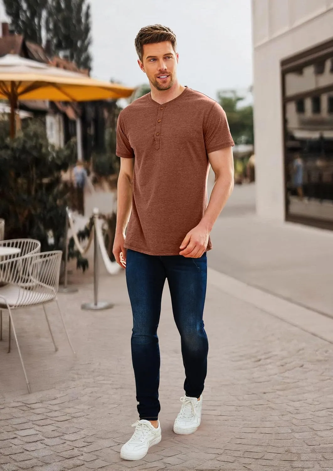 PEGENO Men's Fashion Casual Front Placket Short Sleeve Henley T-Shirts Cotton Shirts