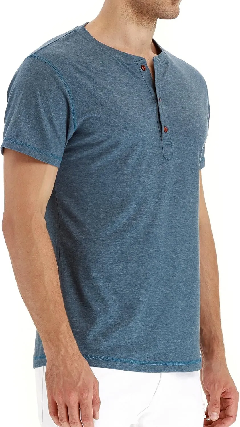 PEGENO Men's Fashion Casual Front Placket Short Sleeve Henley T-Shirts Cotton Shirts