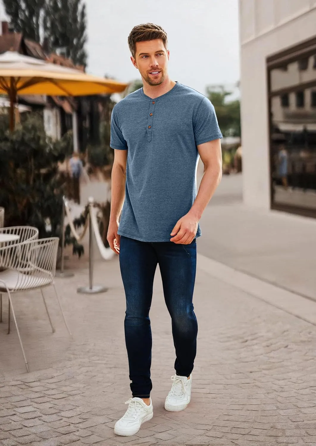 PEGENO Men's Fashion Casual Front Placket Short Sleeve Henley T-Shirts Cotton Shirts