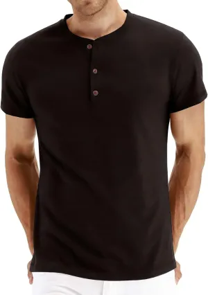 PEGENO Men's Fashion Casual Front Placket Short Sleeve Henley T-Shirts Cotton Shirts