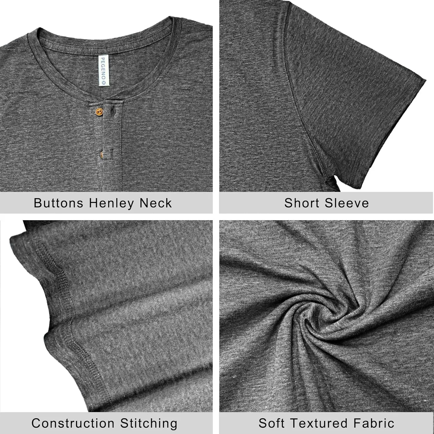 PEGENO Men's Fashion Casual Front Placket Short Sleeve Henley T-Shirts Cotton Shirts
