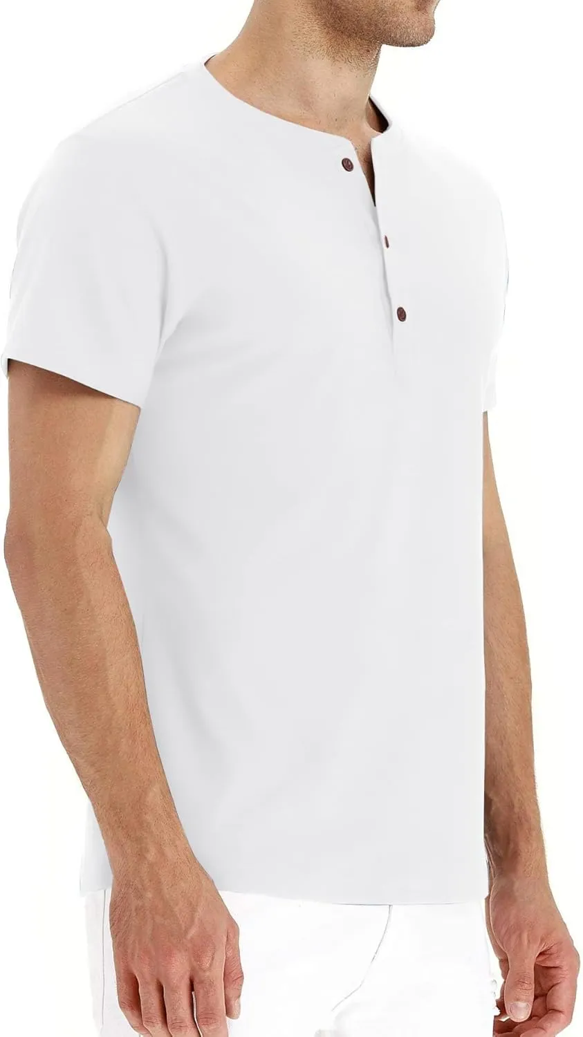PEGENO Men's Fashion Casual Front Placket Short Sleeve Henley T-Shirts Cotton Shirts