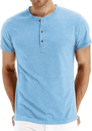 PEGENO Men's Fashion Casual Front Placket Short Sleeve Henley T-Shirts Cotton Shirts