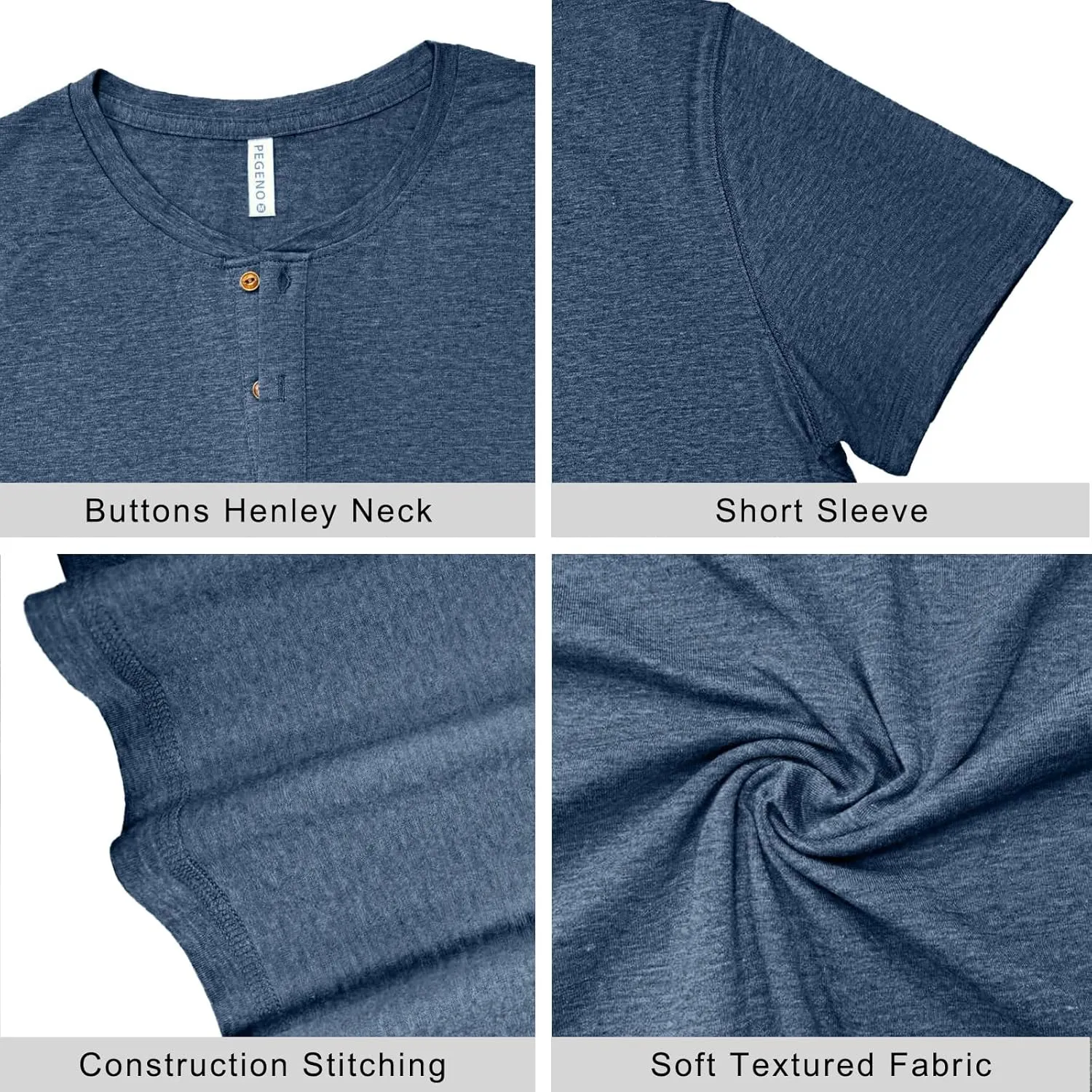 PEGENO Men's Fashion Casual Front Placket Short Sleeve Henley T-Shirts Cotton Shirts