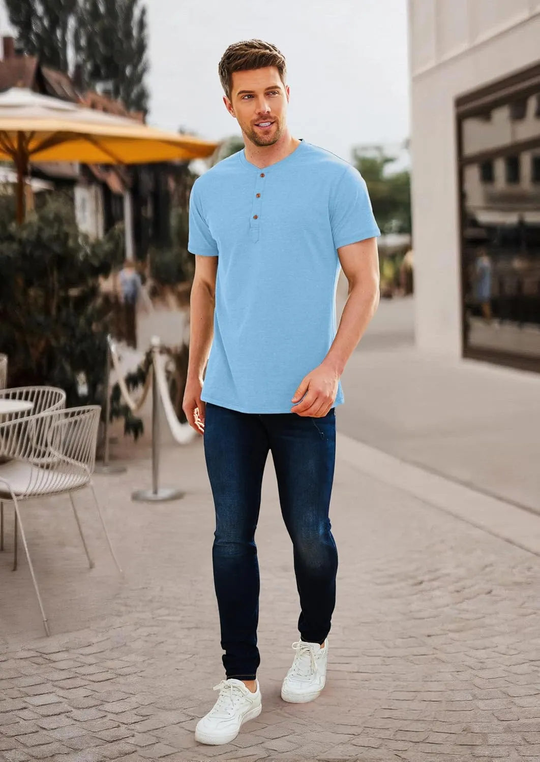 PEGENO Men's Fashion Casual Front Placket Short Sleeve Henley T-Shirts Cotton Shirts