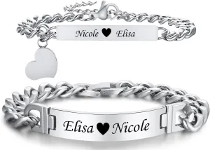 Personalized Matching Bracelets Gift for Couples - Silver Stainless Steel Couple Bracelets Set with Jewelry Box,Custom Christmas Valetines Day Promise ID Bracelet Gift to Her Him Husband Wife,D