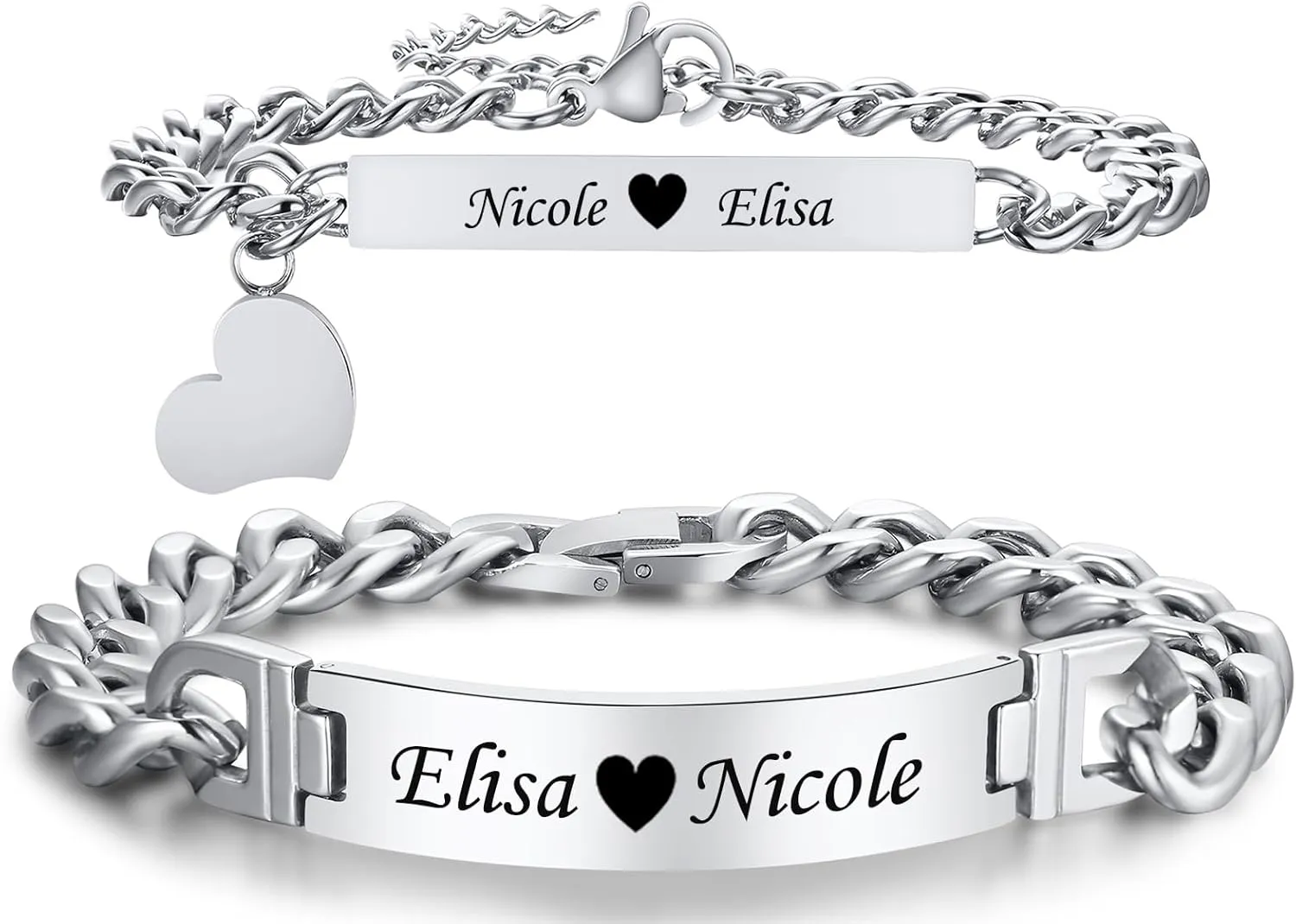Personalized Matching Bracelets Gift for Couples - Silver Stainless Steel Couple Bracelets Set with Jewelry Box,Custom Christmas Valetines Day Promise ID Bracelet Gift to Her Him Husband Wife,D