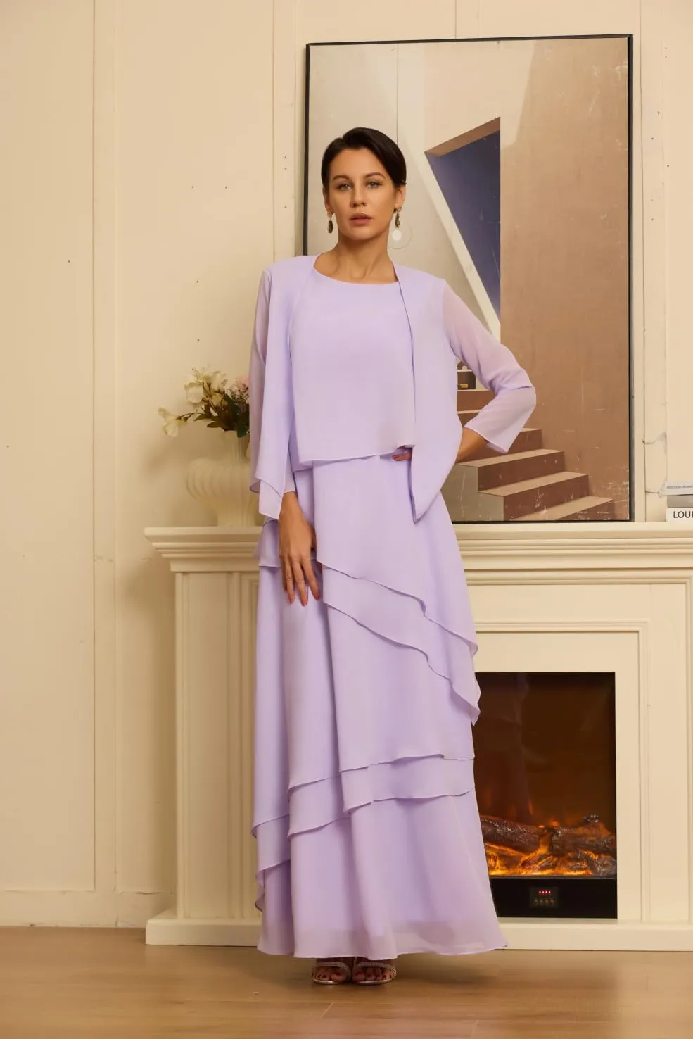 Petite Women's Mother of The Bride Dresses with Jacket Elegant 2 Pieces Chiffon Ruffles Evening Gowns