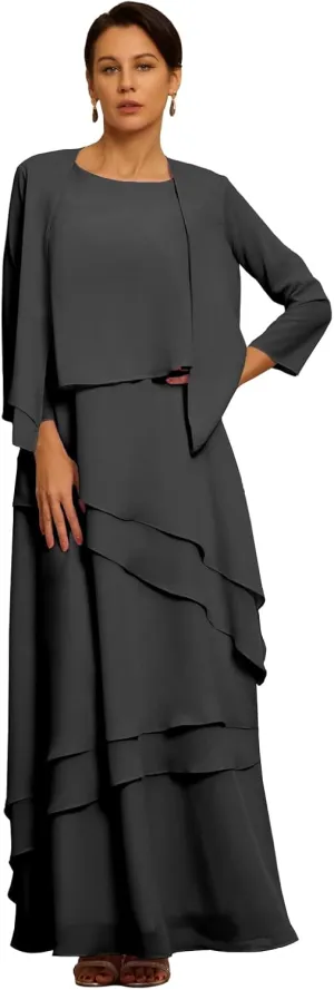 Petite Women's Mother of The Bride Dresses with Jacket Elegant 2 Pieces Chiffon Ruffles Evening Gowns