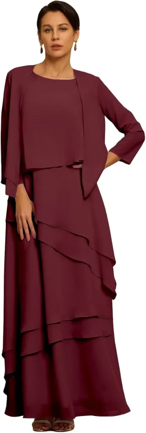 Petite Women's Mother of The Bride Dresses with Jacket Elegant 2 Pieces Chiffon Ruffles Evening Gowns