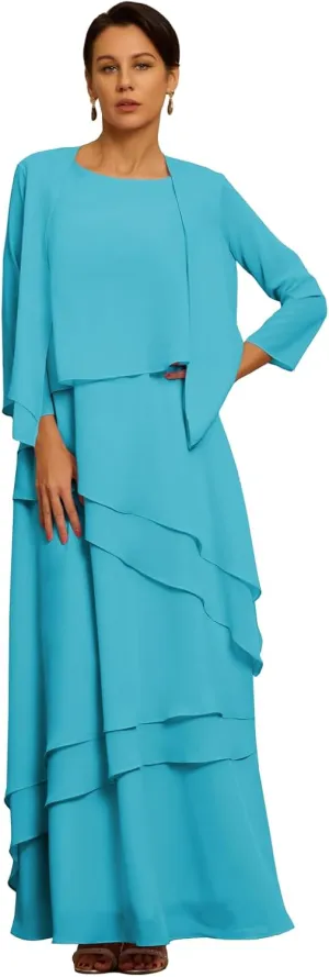 Petite Women's Mother of The Bride Dresses with Jacket Elegant 2 Pieces Chiffon Ruffles Evening Gowns