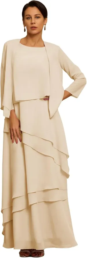 Petite Women's Mother of The Bride Dresses with Jacket Elegant 2 Pieces Chiffon Ruffles Evening Gowns