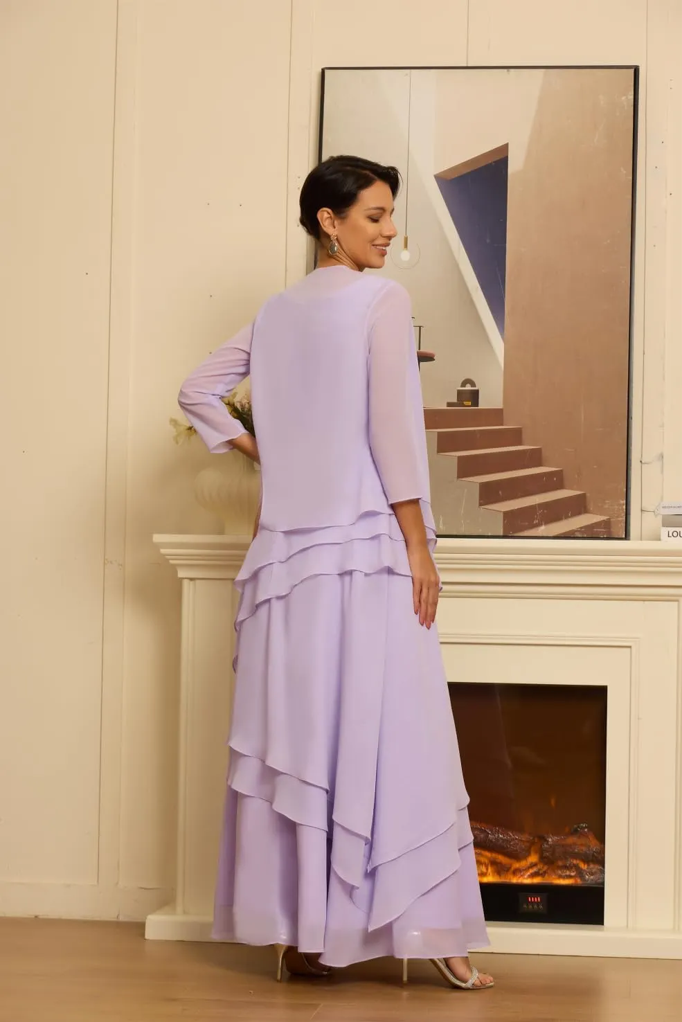 Petite Women's Mother of The Bride Dresses with Jacket Elegant 2 Pieces Chiffon Ruffles Evening Gowns