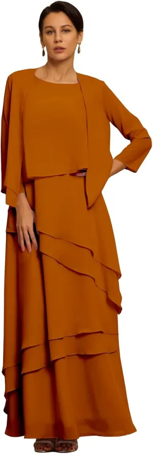 Petite Women's Mother of The Bride Dresses with Jacket Elegant 2 Pieces Chiffon Ruffles Evening Gowns