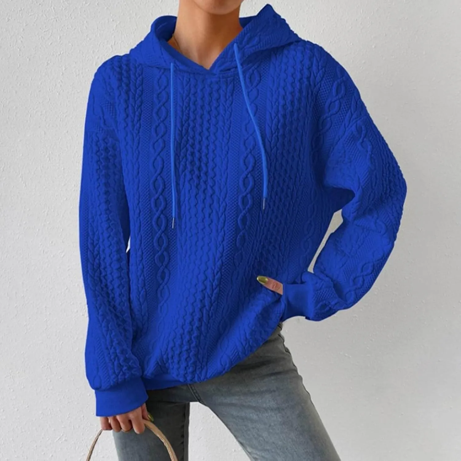 PETYCZEN Fall Sweatshirts for Women Casual Long Sleeve Lightweight Cable Knit Oversized Hoodie Drawstring Pullover Tops