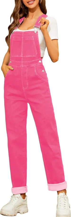 Pink Overalls for Women Denim Jumpsuit Romper Loose Fit Pants Work Bibs Coveralls(Pink,xs)