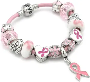 Pink Ribbon Charms Bracelet, Breast Cancer Awareness Jewelry, Includes: Bracelet and Charms, 20CM, Silver, SHAPER681359413064
