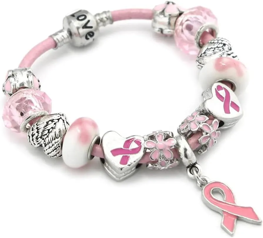 Pink Ribbon Charms Bracelet, Breast Cancer Awareness Jewelry, Includes: Bracelet and Charms, 20CM, Silver, SHAPER681359413064