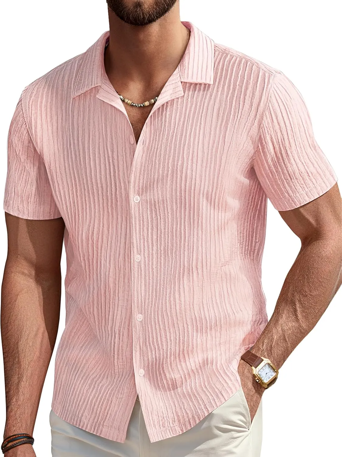 PJ PAUL JONES Mens Casual Shirts Summer Short Sleeve Textured Shirts Summer Cuban Collar Shirts