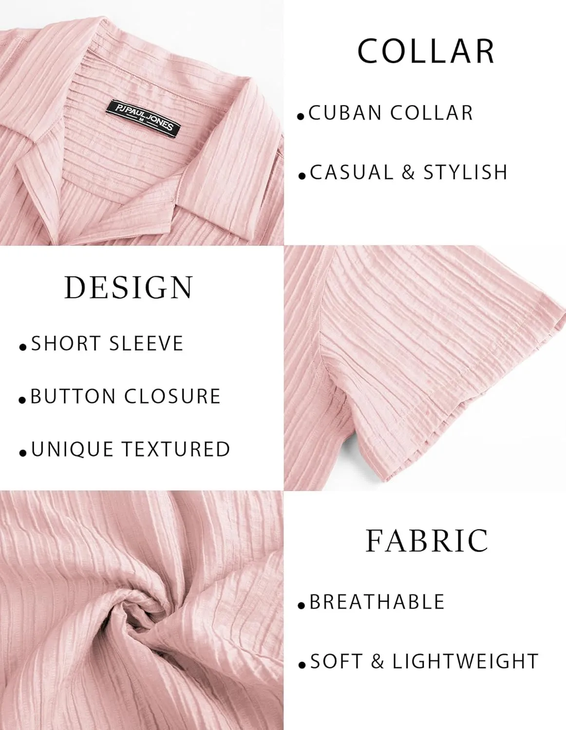 PJ PAUL JONES Mens Casual Shirts Summer Short Sleeve Textured Shirts Summer Cuban Collar Shirts