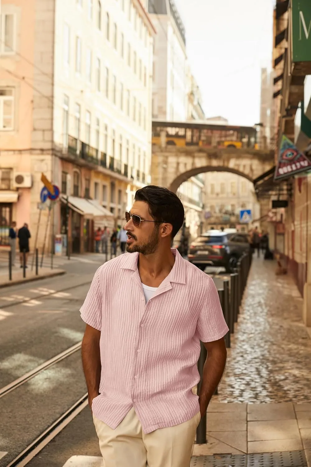 PJ PAUL JONES Mens Casual Shirts Summer Short Sleeve Textured Shirts Summer Cuban Collar Shirts