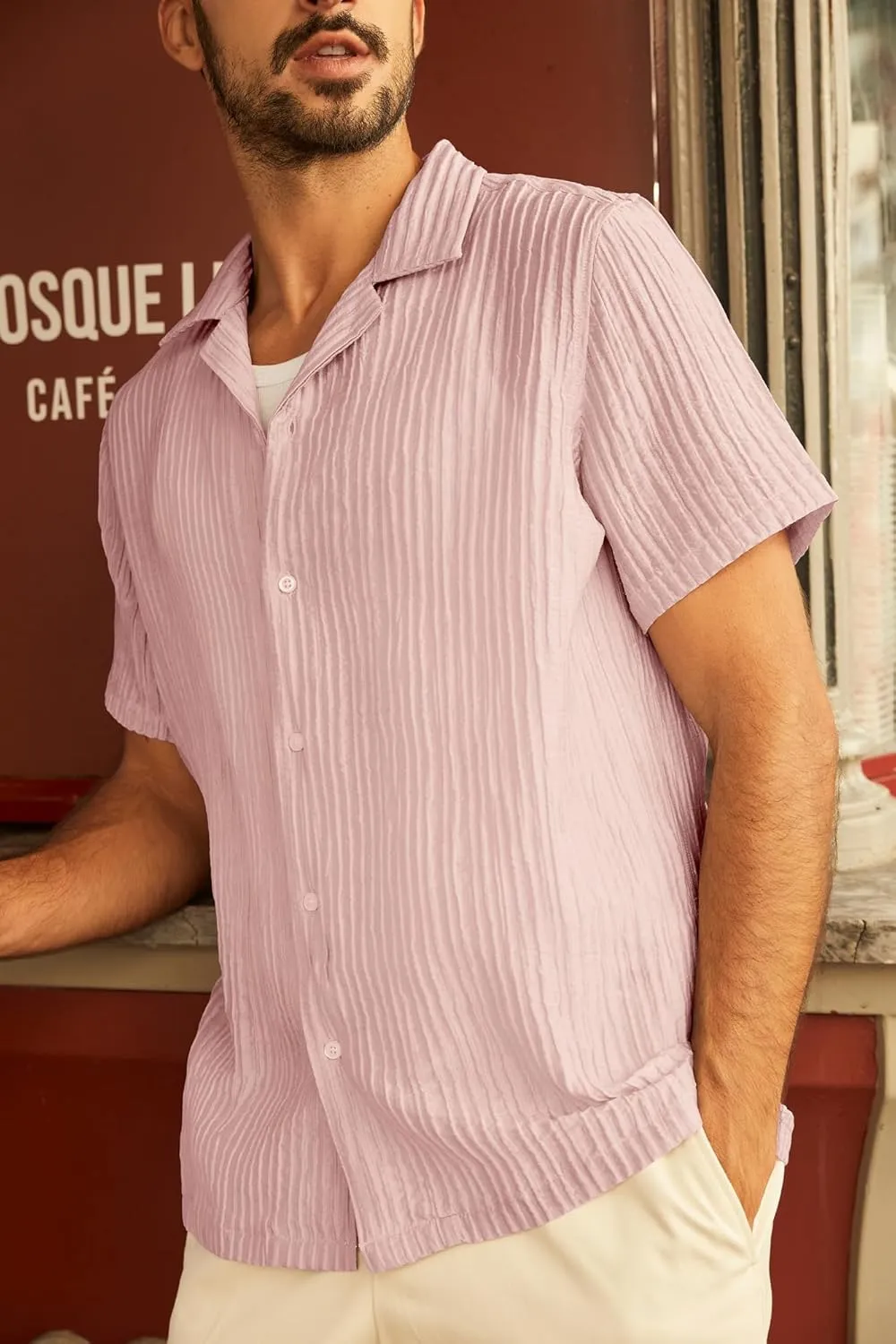 PJ PAUL JONES Mens Casual Shirts Summer Short Sleeve Textured Shirts Summer Cuban Collar Shirts